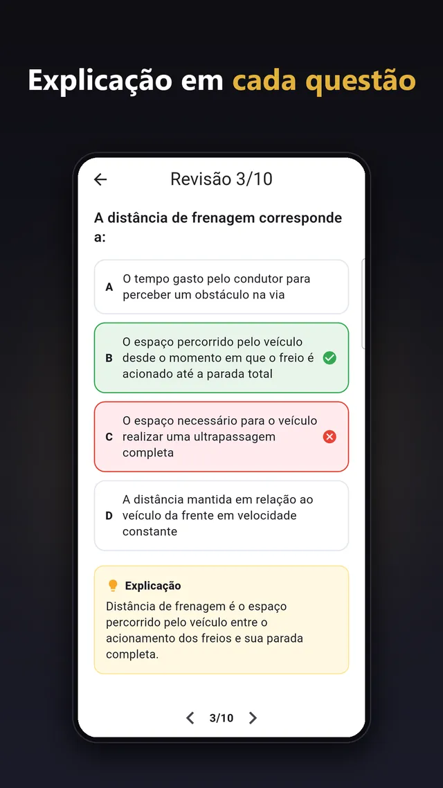 Revisão de uma questão com a resposta certa em verde e a explicação embaixo