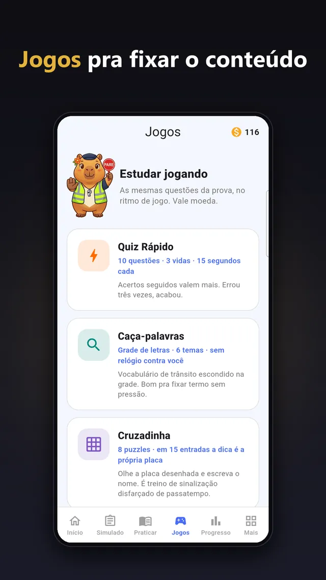 Aba de jogos do app: Quiz Rápido, Caça-palavras e Cruzadinha